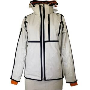 Descente Women's Ski Jacket Puffer White Black Stripe Hood Motion 3D Hea…